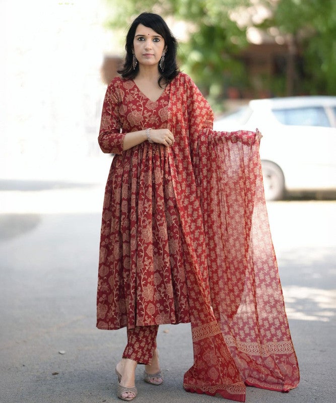 Malishka Export Maroon Rayon Printed Anarkali Kurta Pant Set for Women - Image 1